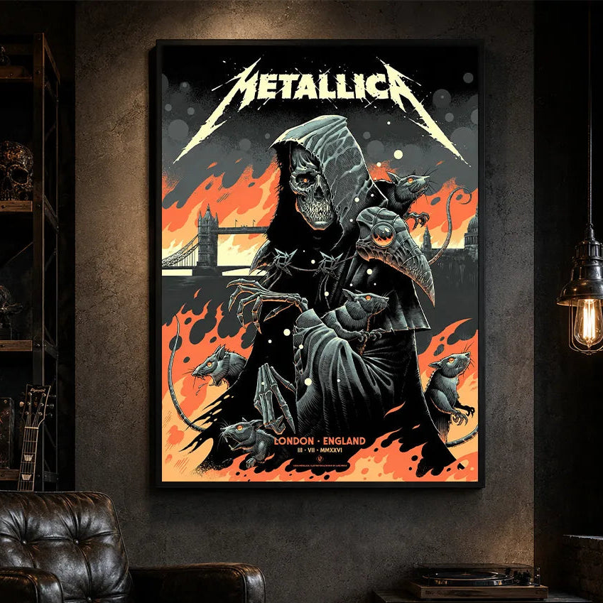 Metallica M72 World Tour July 3 2026 London England poster canvas by Luke Preece showing a hooded skeletal grim reaper, rats, Tower Bridge, fiery skyline and London event text.